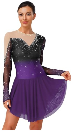 Linjinx kürkleider Eiskunstlauf Kleid Damen Kürkleid Rollkunstlauf Langarm Strass Ballettkleid Gymnastikbody Mit Chiffon Rock Tanzanzug
