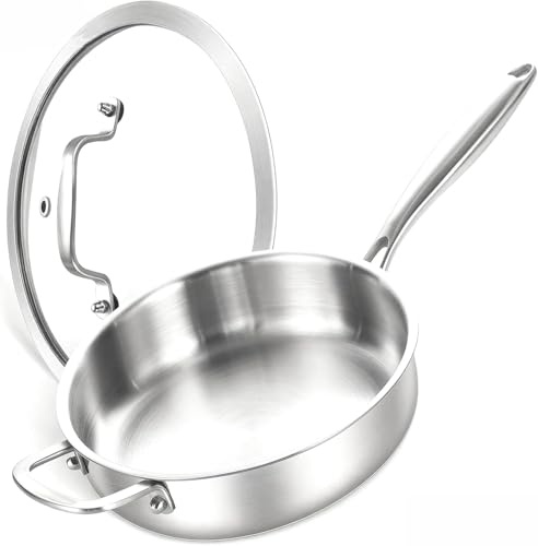 Nontoxicook 24cm 2.8L Tri-Ply Stainless Steel Sauté Pan with Lid | Deep Frying Pan for Fast, Even Heating, Oven Safe and Suitable for All Hobs Including Induction