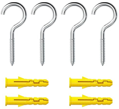 HONGLINSONG 4 Sets Screw-in Hooks with Wall Plugs, 63mm (2.48 inch) Eyelet Screw Hook, Self-Tapping Washing Line Hook for Hanging Plants, Cups, Utensils in Offices Home Garden Kitchen/Wire Organizing
