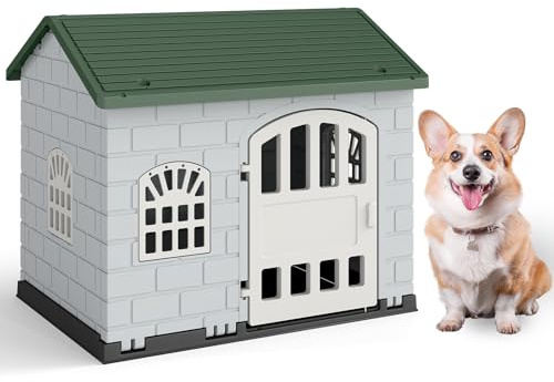 COSTWAY Hundehütte Outdoor, wetterfestes Hundehaus mit Satteldach, abschließbarer Tür & 3 Fenstern, Haustierhaus für kleine & mittelgroße Hunde & Katzen, Hundekäfig Indoor, 75 x 58 x 65 cm (Grün)