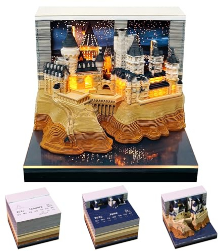 2026 Calendrier 3D de Bureau, Bloc Note 3D D'art À Déchirer, Déchirable Calendrier con Lumière, 3D Papier Sculpture Memo Pad, Cadeaux Créatifs, Décoration DIY de Bureau à la Maison (Château)