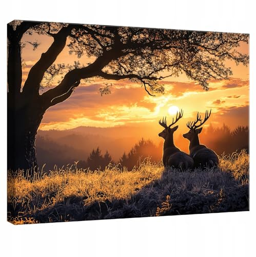 WallArena Leinwand Bilder Landschaft Hirsch 100x70 cm | Leinwandbilder, Bild auf leinwand, Wandbild XXL groß Wandbilder für Wohnzimmer Schlafzimmer Wohnzimmerbilder Modern