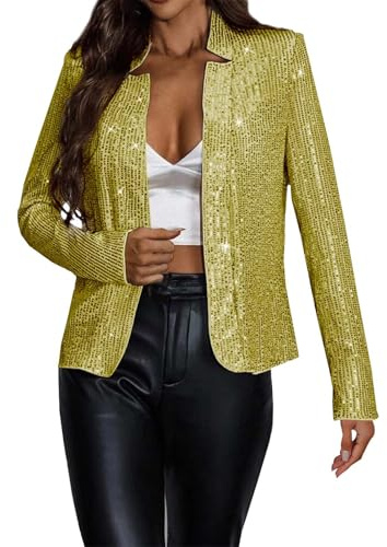 Generisk paljetter bolero damer, kavaj damer glitter festlig jacka festival kostym kvinnor karneval kostym casual blusjacka party bomberjacka kort streetwear rave outfit bekväm kavajrock, Guld, M