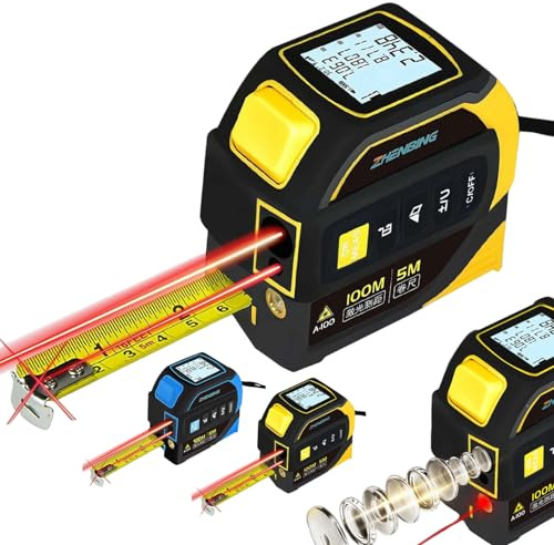 3-in-1 Laser Tape Measure with Cross Line Level - Digital Laser Measurement Tool 329ft/100m, Auto-Leveling LCD Display, in/ft/m Units | 16ft/5M Tape | (Yellow)