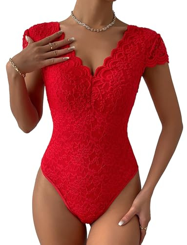 Ausing Donna Camicia Elegante Bordeaux Abbigliamento Pizzo Corpetto da Donna Blusa Maniche Corte Cerimonia Rosso Body Maniche Corta Danza Top Sexy Invernali Sottogiacca Trasparente Moda L