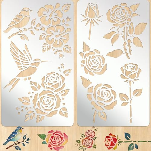 PRESSINART 2 Stück 2 Designs Metall Schablonen Blumen Vorlagen Für Holzbrennen 4 x 7 Zoll Edelstahl Schablonen Set Mit Rosen Vogel Muster Für Holzschnitzerei Gravur Zeichnen DIY Scrapbooking Journal