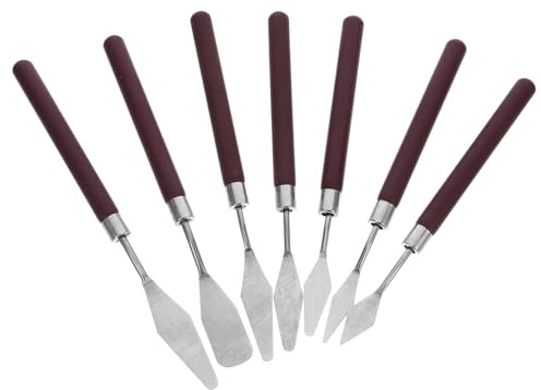 KAJNBN Juego de 7 Cuchillos para Pintar de Acero Inoxidable con Mango de Madera Roja, Espátula Puntiaguda para Mezcla de Colores, Herramienta Versátil para Pintura al Óleo y Acrílica,
