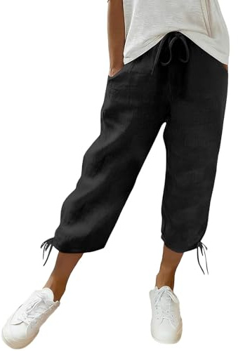 Pantaloni Donna Estivi in Cotone e Lino Pantaloni Capri Larghi Leggeri Elastico Vita Alta Casual Pantalone Elegante da Spiaggia Sportivo Lavoro Pantalone con Coulisse Gamba Dritta Linen Pants