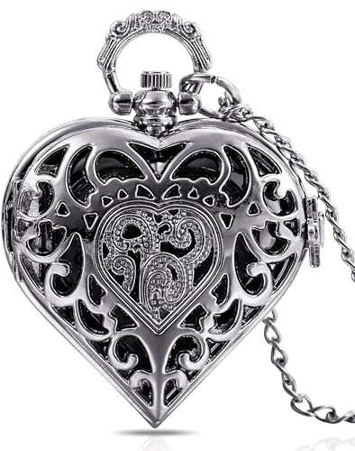 Infinite U Montre de poche Quartz, montre de poche cœur pour femme fille, Chiffres Arabes Montre de Poche Pendentif Collier Argent Rétro