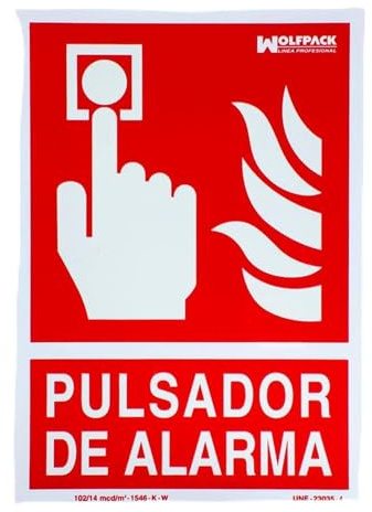 WOLFPACK LINEA PROFESIONAL - Cartel / Señal Fluorescente Pulsador Alarma 30x21 cm.