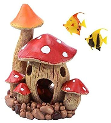 Aquarium Mushroom House, Resin Fish Tank Decoration with 2pcs Small Fish, Aquarium Hideout Hideaway Spawning Cave Decor for Shrimp Betta Goldfish and Reptiles