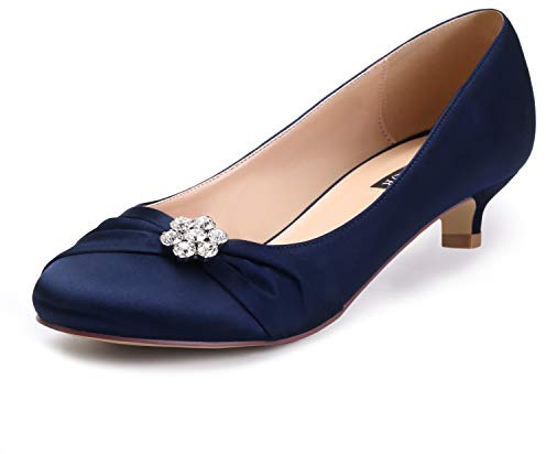 ERIJUNOR E0110 Women Closed Toe Comfort Kitten Heels Rhinestones Satin Wedding Evening Dress Shoes Navy Size 8.5