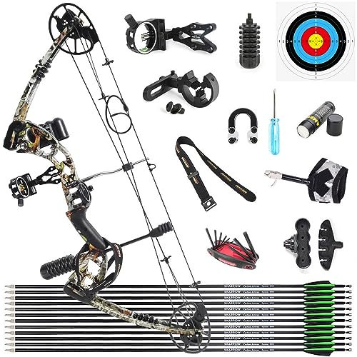 Compoundbogenset Jagdbogen 30-70lbs Einstellbar Sportbogen Erwachsene Compound Bögen Komplett Set 320 FPS für Outdoor Bogen Jagd (Camo+Pfeile)