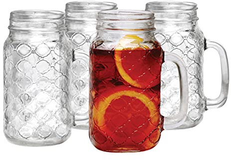 AmalgamNation Sets of 4 Mason Jar 24oz Mugs with Glass Handles,