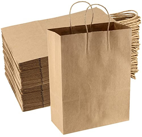 SEUNMUK 50 Pcs large Brown Paper Bags 26 x 12 x 33 CM, 120 GSM Brown Kraft with Handles Gift Bag, Recyclable Paper Party Bag Take Out Bags in Bulk for Shopping, Retail, Gifts, Storage