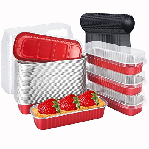LNYZQUS Mini Baking Pans With Lids 50 Pack, 6.8oz Aluminum Foil Small Loaf Pans Tins Holders,Rectangle Baking Cups Muffin Tins,Disposable Ramekins Muffin Cups For Mini Cake Bread -Red
