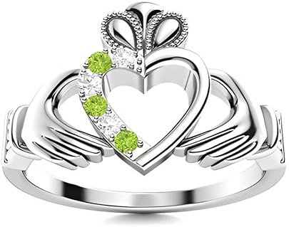 Peridot Round 2.00mm Claddagh Ring | Sterling Silver 925 With Rhodium Plated | Beautiful Design Claddagh Promise Ring (White, 67 (21.3))