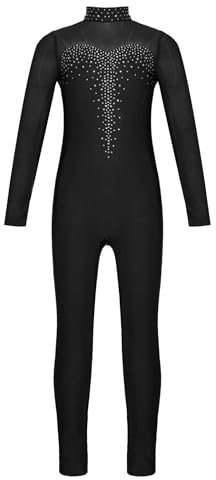 Jowowha Mädchen Eiskunstlauf Body Langarm Ballettanzug Tanzbody mit Strass Kinder Turnanzug Gymnastik Leotard Eiskunstlauf Tanzkostüm G Schwarz 134-140