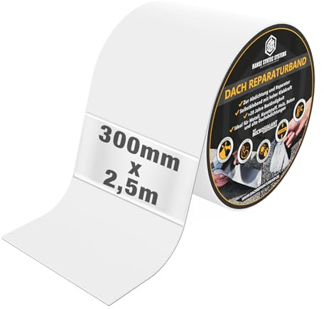 HSS Dach Reparaturband 20 Jahre beständig 300mm x 2,5m Weiß selbstklebend | 300mm x 2,5m · Für Dach & Abdichtungen · Wasserdichtes Klebeband · Ohne Lösemittel · Weißes MicroSealant Dichtungsband