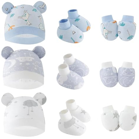 Happy Cherry nyfödd babymössa och handskar strumpor set 3-pack unisex spädbarn hatt dagis mössa baby pojkar flickor, Giraff/moln/stjärnor, one size