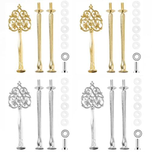 BetterJonny 4 Set Etageren Stangen, Etagere Bausatz Metallstangen Etagerenhalter Mittellochausstech 2 bis 3 Etage für Hochzeitstorte Tortenhalter Torten Etagere Tortenständer Gold Silber Krone