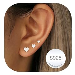 DORANA 3 Pairs 925 Sterling Silver Stud Earrings for Women Hypoallergenic Silver Studs Earrings Dainty Small Heart Stud Earring Tiny Cute Earring Set for Multiple Piercings