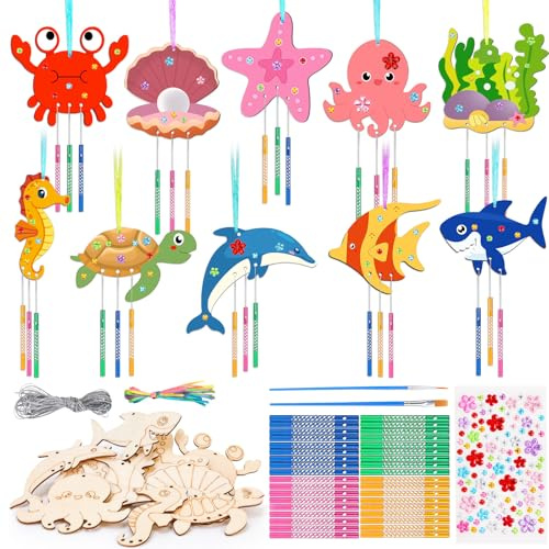 OOTSR 10 Campanelli a Vento in Legno Animali Marini DIY, Decorazioni Estive Creativo Fai-da-Te per Bambini, Regalo Artistico per Compleanni e Progetti Scolastici