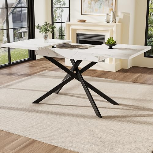 SUKY Tavolo da pranzo telescopico 120-160 cm, estensibile, salvaspazio, gambe incrociate nere in ferro, per cucina e soggiorno, tavolo da pranzo in marmo bianco