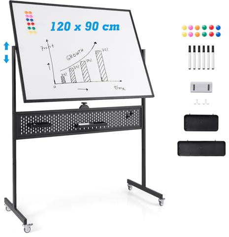 COSTWAY Doppelseitiges mobiles Whiteboard, 120 x 90 cm, Trocken abwischbares magnetisches Whiteboard mit Stecktafel, Rollen und Ständer, inkl. Zubehör für Büro, Zuhause, Schwarz