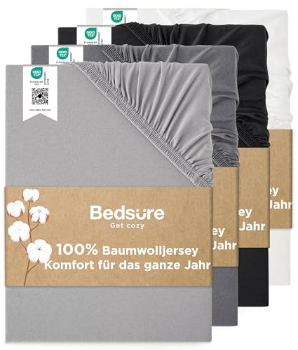 Bedsure Spannbettlaken 140x200cm Baumwolle Jersey - bis 40cm, Hellgrau | Spannbetttücher mit Gummizug, für Boxspringbett , Wasserbett & Extra Hohe Matratzen, Atmungsaktiv & Weich, Waschbar, Oeko-TEX