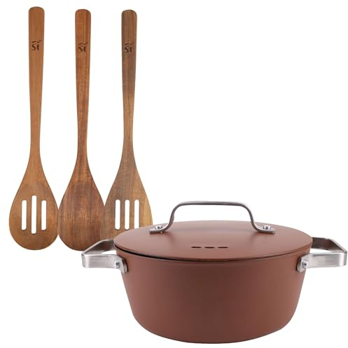 San Ignacio Juego de Cacerola Ø28x12,5cm de 6L con tapa en aluminio + 3 Utensilios de cocina en madera AGROS