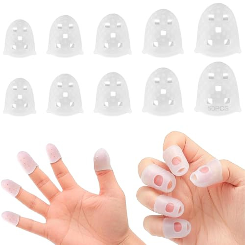 BAHME 50 Pcs protectores de dedos de guitarra, protectores de dedos de silicona, 5 tamaños, antideslizantes, para bajistas, principiantes, ukelele, transpirables y reutilizables