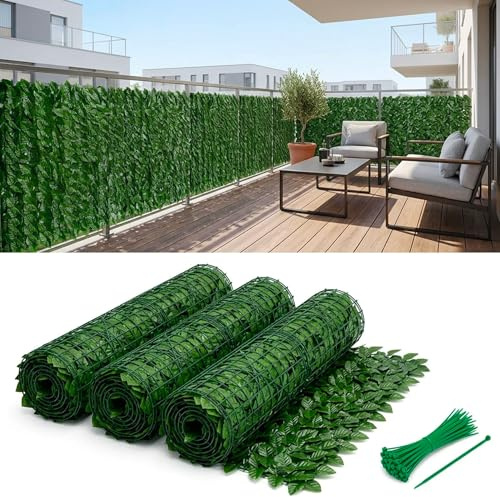 081 Store - Siepe Finta Frangivista Balcone 3 Rotoli 1x3 m – Rete Copri Ringhiera Privacy Alta Densità per Recinzione Giardino Esterno – Siepe Artificiale Realistica Anti UV con Fascette incluse