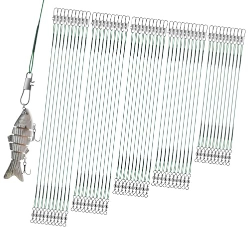 JIAC 100 Pcs Líderes de Alambre de Pesca Cable de Acero para Pesca de Acero Inoxidable con Cierre y Giro 5 Tamaños Línea de Pesca Antimordeduras Verde para Agua Salada y Agua Dulce(10/15/20/25/30cm)