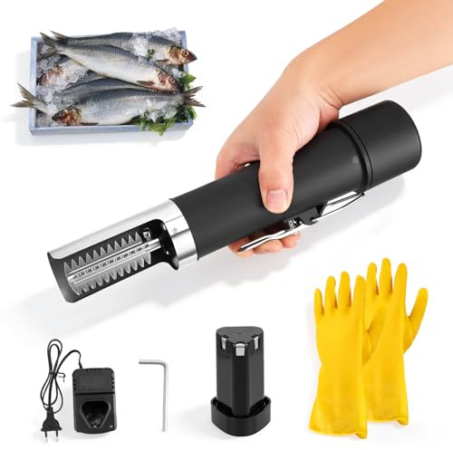 Ixdregan Descamador de pescado eléctrico, inalámbrico, recargable, 2 cabezales y guantes, herramienta profesional de acero inoxidable para el hogar, supermercado, camping y pesca