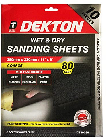 Dekton 10PC Wet & Dry Sanding Sheets 230mm/ Coarse - 80 Grit | Tougher & Quicker than Ordinary Sandpaper | Ideal for Paint & Varnish Removal | Multi-Surface: Wood, Metal, Plaster, Plastics & Paint