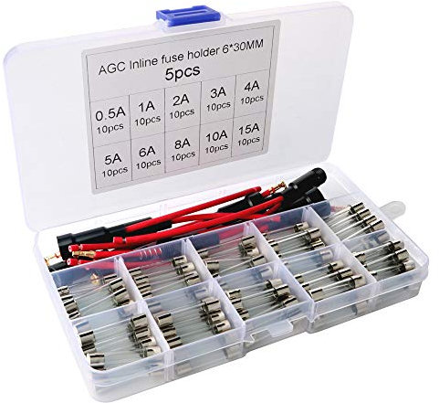 Gebildet 5pcs 6x30mm AGC Fuse Holder Inline Screw Type with 16AWG wire + 100pcs 6x30mm Fast-blow Glass Fuses Quick Blow Car Glass Tube Fuses Assorted Kit (0.5A 1A 2A 3A 4A 5A 6A 8A 10A 15A)