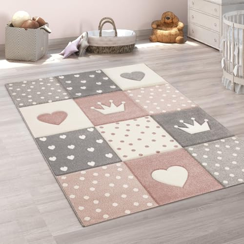 Paco Home Teppich Kinderzimmer Junge Mädchen Kinderteppich Spielteppich Kurzflor 3D Optik Pastell Punkte Herzen Krone, Grösse:Ø 120 cm Rund