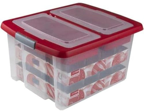 SUNWARE Nesta Weihnachtsbox 32 Ltr mit Tabletts für 32 Weihnachtskugeln (Ø70-80mm)- transparent/rot