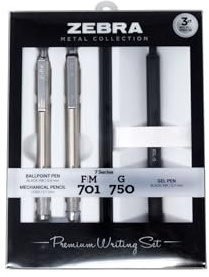 Zebra Gift Set - G-750 Retractable Gel Pen, F-701 Ballpoint Pen, M-701 Mechanical Pencil - Stainless Steel & Metal Set - 3 Piece Jotter Refillable Gift Box