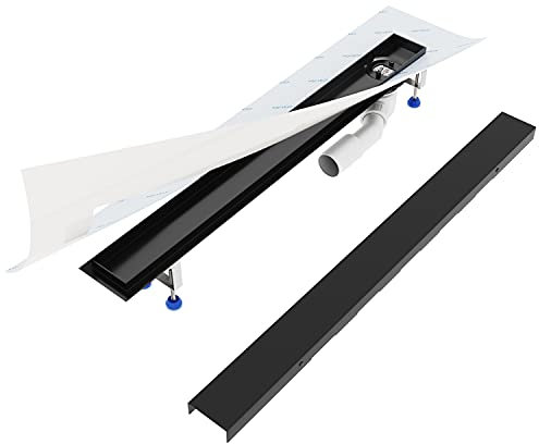 Aquabad Duschrinne SDS Schwarz Matt aus Edelstahl, Länge 120 cm, waagerechter Abgang Seite, Komplett Set mit Blende: Bord, Siphon und Haarsieb