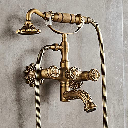 Gx Grifo Bañera con Alcachofa De Mano Dos Asas Latón Mezclador De Bañera Montaje En Pared, Incluye Soporte Y Manguera De 150 Cm, Grifo De Ducha, Antiguo