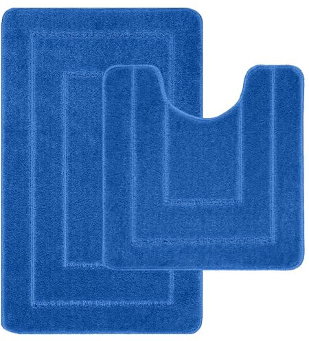 LSC Non Slip Bath Mat 2 Piece Ichra Extra Soft Water Absorbent Bathroom Mats 100% Polypropylene Pedestal Bath Rug Shower Bath Mat Bathroom Rug for Toilet (Blue, 80 x 50 cm (Rectangular))