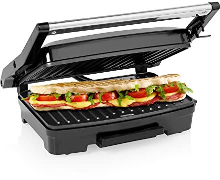 Princess 117501 Parrilla con superficie de 23 x 15 cm, bandeja recoge grasa extraíble, tapa flotante con cierre de seguridad, recubrimiento antiadherente, base antideslizante, 750 W