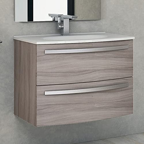 Yellowshop - Mobile bagno sospeso curvo 75 cm 2 cassetti con lavabo e specchiera led STELLA Larice (Mobile con lavabo)