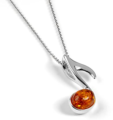 HENRYKA 925 Sterling Silver Quaver Music Note Necklace in Baltic Amber, Music Lover Gift, Eighth Note Jewellery