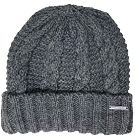 Michael Kors Mütze I Damenmütze I Beanie I Wollmütze I Wintermütze I One Size I Strickmütze I Zopfmuster I Weiche Acrylwolle I Logo (Anthrazit)
