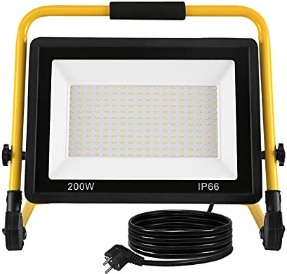 TRMLBE Baustrahler 200W LED Arbeitsleuchte Kaltweiß Arbeitsscheinwerfer IP66 Wasserdicht Fluter Floodlight mit 3m Kabel & Faltbarer Ständer Baustellenlampe für Werkstatt Baustelle Austellenlampe