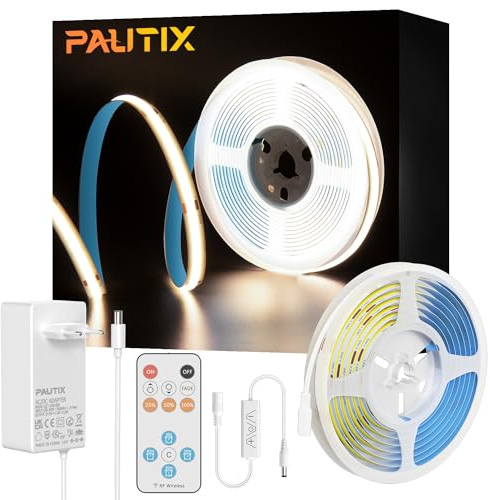 PAUTIX COB LED Streifen Weiß 4000K, 5m 480LEDs/M Dimmbar 24V Flexibel LED Strip lights Set mit RF Fernbedienung und Netzteil,CRI93+ Hell Unterbauleuchte für Home DIY Dekoration,Timerfunktion