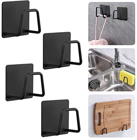THATSRAD 4 Stück Schwammhalter Küche Klebend Schwamm Halter Klebeschwammhalter Schwarz Halterung Küchenspüle Schwammablage Wasserdicht Haken für Spülschwamm Waschbecken Bad